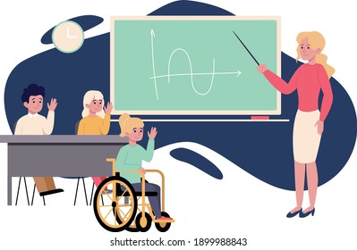 Inclusive education kids in a classroom. Flat design illustration. Vector