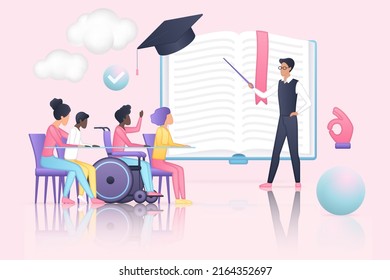 Inclusive education, man with pointer teaching diverse children group with disability. Students with tutor, kids sitting in wheelchair and learning 3d vector illustration. Inclusion, pedagogue concept