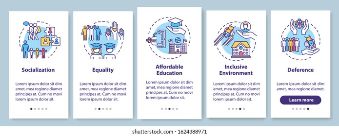 Inclusive education onboarding mobile app page screen with concepts. Special conditions for the disabled walkthrough five steps graphic instructions. UI vector template with RGB color illustrations