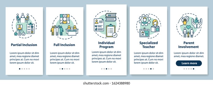 Inclusive education onboarding mobile app page screen with concepts. Educational assistance for disabled walkthrough five steps graphic instructions. UI vector template with RGB color illustrations
