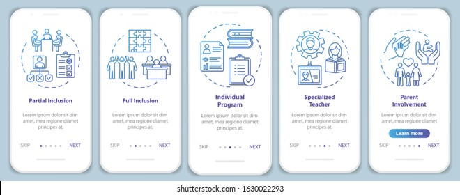 Inclusive education onboarding mobile app page screen with concepts. Educational assistance for disabled walkthrough five steps graphic instructions. UI vector template with RGB color illustrations