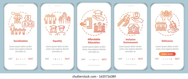 Inclusive education onboarding mobile app page screen with concepts. Special conditions for the disabled walkthrough five steps graphic instructions. UI vector template with RGB color illustrations