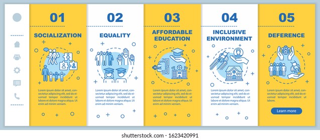 Inclusive education onboarding vector template. Equality and deference. Affordable studying. Responsive mobile website with icons. Webpage walkthrough step screens. RGB color concept