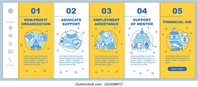 Inclusive Education Onboarding Vector Template. Non-profit Organization. Advocate Support. Financial Aid. Responsive Mobile Website With Icons. Webpage Walkthrough Step Screens. RGB Color Concept