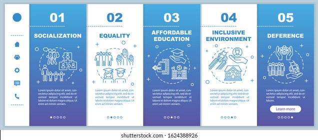 Inclusive education onboarding vector template. Equality and socialization. Affordable studying. Responsive mobile website with icons. Webpage walkthrough step screens. RGB color concept