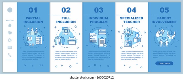 Inclusive education onboarding vector template. Parental involvement. Partial and full inclusion. Responsive mobile website with icons. Webpage walkthrough step screens. RGB color concept