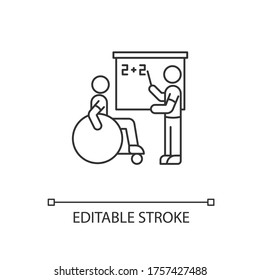 Inclusive education pixel perfect linear icon. Assistastance for person with disability. Thin line customizable illustration. Contour symbol. Vector isolated outline drawing. Editable stroke