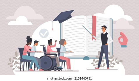 Inclusive education, special competence and pedagogue. Tiny tutor with pointer teaching diverse group of school children in classroom, people in need social adaptation flat vector illustration