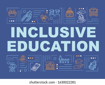 Inclusive education word concepts banner. Universal college program. Handicapped people. Infographics with linear icons on blue background. Isolated typography. Vector outline RGB color illustration