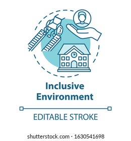 Inclusive Environment Concept Icon. Support For Students With Special Needs. Rehab For Disabled People Idea Thin Line Illustration. Vector Isolated Outline RGB Color Drawing. Editable Stroke