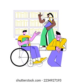 Ilustraciones de vectores de dibujos animados aislados en un entorno inclusivo. Un grupo de adolescentes y niños en silla de ruedas discuten el proceso educativo, el ambiente inclusivo en la universidad, la caricatura del vector de la vida estudiantil.