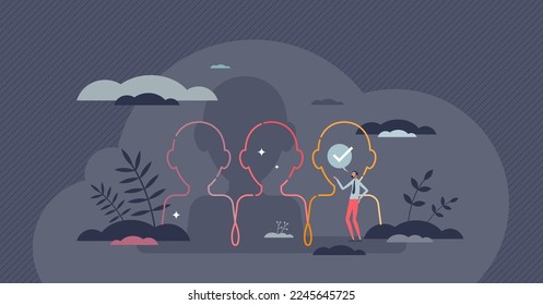 Inclusive equality for all society and community groups tiny person concept. Ethnic, cultural and race unity without racism, prejudice and discrimination vector illustration. Acceptance and solidarity