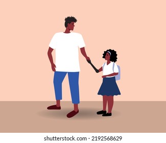 Inclusive family with African parent and schoolgirl with school bag and prosthetic arm, flat vector stock illustration with school preparation