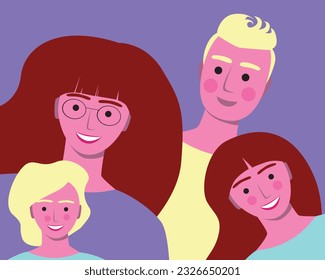 Inclusive family with a man, a woman and children as a concept of disability in the family, a blind disabled person with glasses, flat vector stock illustration