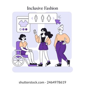 Concepto de moda inclusivo. Diversas mujeres seleccionan ropa, incluyendo a una persona en silla de ruedas, promoviendo la positividad corporal. Accesibilidad, diversidad e inclusión en la moda. Ilustración vectorial.