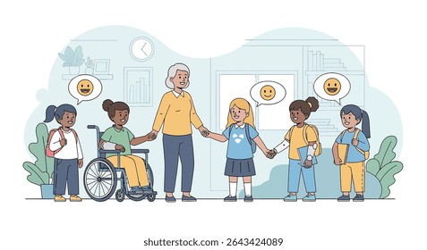 Inclusive flat illustration: A warm and inviting classroom scene featuring a diverse group of happy children, including a child in a wheelchair and a child with a prosthetic arm, with their smiling