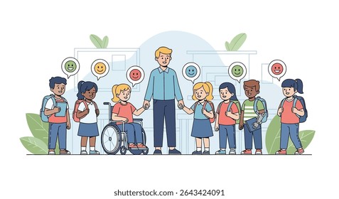 Inclusive flat illustration: A warm and inviting classroom scene featuring a diverse group of happy children, including a child in a wheelchair and a child with a prosthetic arm, with their smiling