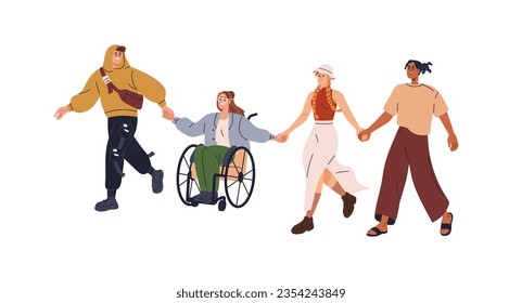 Inclusive friends group. Happy diverse people together, men, woman in wheelchair, person with disability, holding hands, walking, communication. Flat vector illustration isolated on white background.