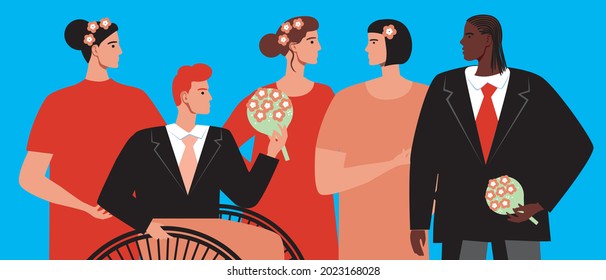 Inclusive gay wedding, guests of the ceremony. Flat vector stock illustration. Adult homosexual grooms. LGBTQ rights. A disabled person in a wheelchair at a wedding. Vector graphics