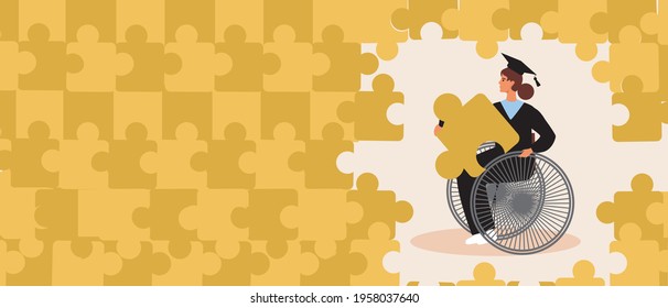Inclusive graduate with puzzle. Flat vector stock illustration. Template with copy space for design. A disabled in a wheelchair with a higher education. Inclusive education