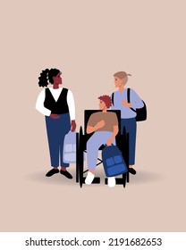 Inclusive group of children or classmates isolated, flat vector stock illustration with boy in wheelchair with school bag