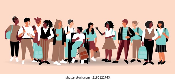 Inclusive group of children isolated, flat vector stock illustration with boys and girls with African skin, vitiligo or disabled person with school bag
