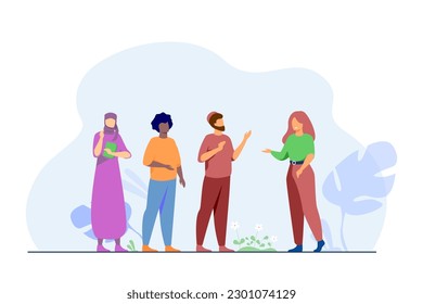 Un grupo inclusivo de amigos ilustraciones vectoriales. Diversas personas de diferentes razas y religiones trabajando juntas en equipo. Inclusión social y cultural, diversidad, concepto comunitario