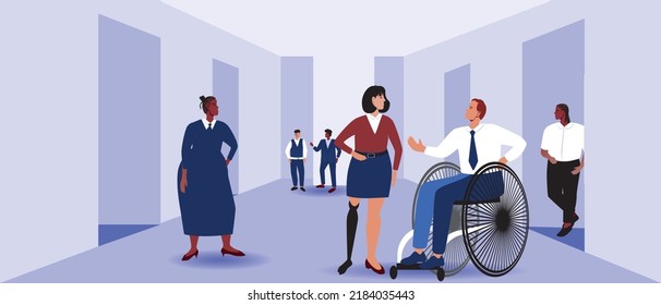 Inclusive Group Of People In Business, Flat Vector Stock Illustration As Concept Of Conferences And Networking With Disabled Person And Businesswoman With Prosthetic Leg