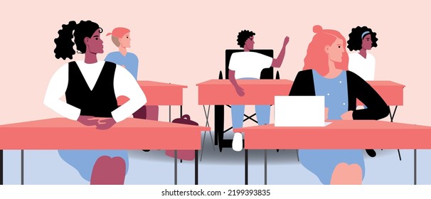 Inclusive group of students at desk in classroom at school, flat vector stock illustration with children, including African student, disabled person