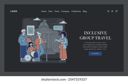 Inclusive group travel concept. Diverse travelers with disabilities explore city sights together. Wheelchair, travel guide, accessibility. Vector illustration.