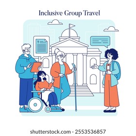 Inclusive Group Travel concept. Diverse friends explore city attractions, ensuring accessibility for all. Enjoyment without barriers in urban tourism. Vector illustration.