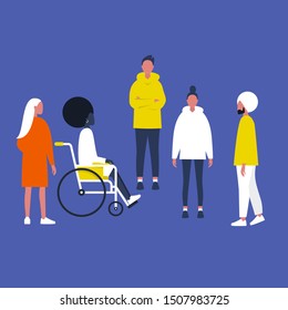 Inclusive group of young adults. Diversity. Ethnicity. Modern lifestyle. Flat editable vector illustration, clip art