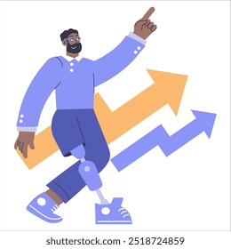 Inclusive growth concept. A diverse businessman with a prosthetic limb pointing upwards among rising arrows. Successful career advancement and disability representation. Vector illustration.