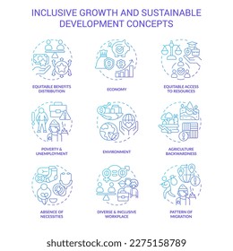 Inclusive growth and sustainable development blue gradient concept icons set. Fair economy idea thin line color illustrations. Isolated symbols. Roboto-Medium, Myriad Pro-Bold fonts used