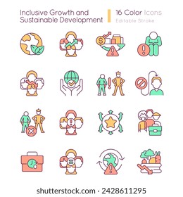 Inclusive growth and sustainable development RGB color icons set. Social equality. Isolated vector illustrations. Simple filled line drawings collection. Editable stroke. Quicksand-Light font used