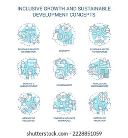 Inclusive growth and sustainable development turquoise concept icons set. Fair economy idea thin line color illustrations. Isolated symbols. Editable stroke. Roboto-Medium, Myriad Pro-Bold fonts used