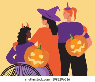 Inclusive Halloween party, wheelchair disabled. Flat vector stock illustration. Halloween pumpkin face. Friends with a wheelchair together. Celebrating a group of women. Vector graphics