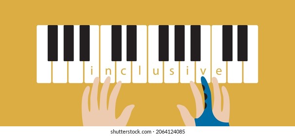Inclusive hands on piano keys, inclusive class. Flat vector stock illustration. Piano music. Hands with a musician's prosthesis. Top view. The concept of a disabled musician. Isolated illustration