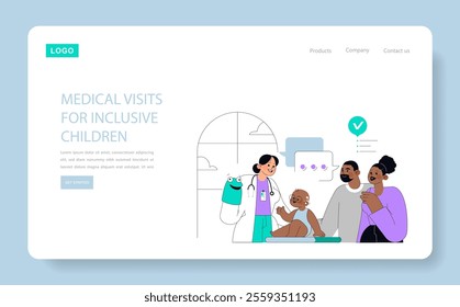 Inclusive healthcare concept. Pediatrician attending to a diverse group of children with a supportive family environment. Pediatric care, trust building, inclusivity. Vector illustration.