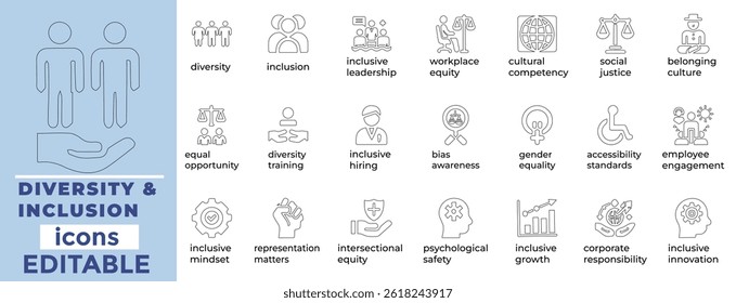 Inclusive icons for workplace, HR, and social projects clean line style promoting diversity, equity, and accessibility