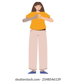 Inclusive Illustration of a Woman with Prosthetic Arm Showing Heart Gesture Representation of Positivity and Diversity in Casual Style