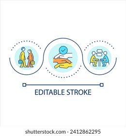 Inclusive interaction in workplace loop concept icon. DEI program provided. Employee collaboration abstract idea thin line illustration. Isolated outline drawing. Editable stroke