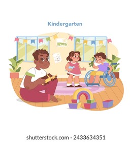 Escena de kindergarten inclusiva. Juega alegre con juguetes, grupo diverso de amigos jóvenes, y niño en silla de ruedas. Educación temprana en la escuela de párvulos con igualdad y cuidado. Ilustración vectorial plana