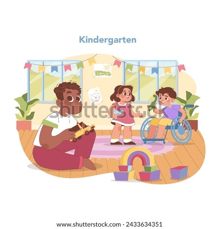 Inclusive kindergarten scene. Joyful play with toys, diverse group of young friends, and child in wheelchair. Early education at nursery school with equality and care. Flat vector illustration