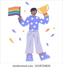 Inclusive leadership concept. Confident businessman championing diversity, victoriously raising a trophy and pride flag. Celebration of workplace inclusion. Vector illustration.