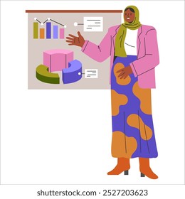 Inclusive leadership concept. A diverse businesswoman presents data with charts. Inclusion in the workplace illustrated. Vector illustration.