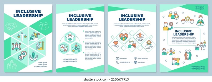 Inclusive leadership green brochure template. Team management. Leaflet design with linear icons. Editable 4 vector layouts for presentation, annual reports. Arial-Black, Myriad Pro-Regular fonts used