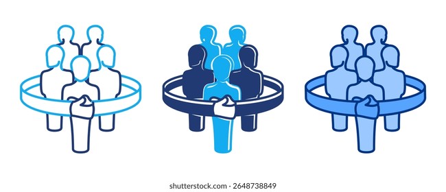 Inclusive Leadership icon represented by hands hugging group Blue, Dualline, Dualtone style.