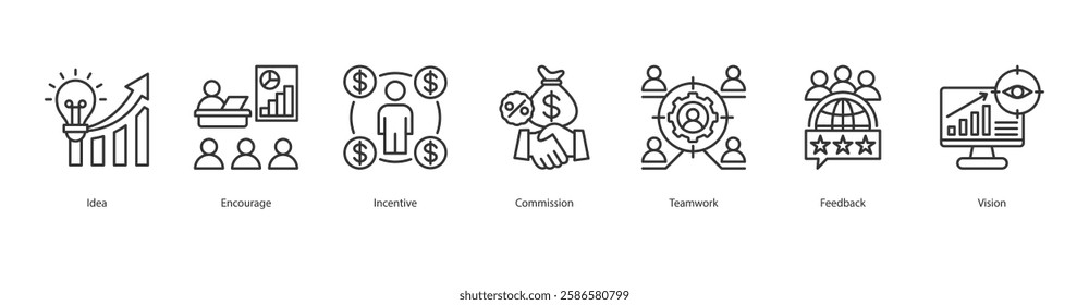 Inclusive Leadership Icon Sheet Feedback, Idea, Encourage, Incentive, Commission, Teamwork, Vision