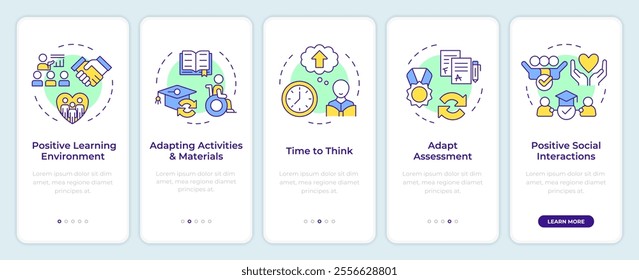 Inclusive learning onboarding mobile app screen. Education program walkthrough 5 steps editable graphic instructions with linear concepts. UI, UX, GUI template